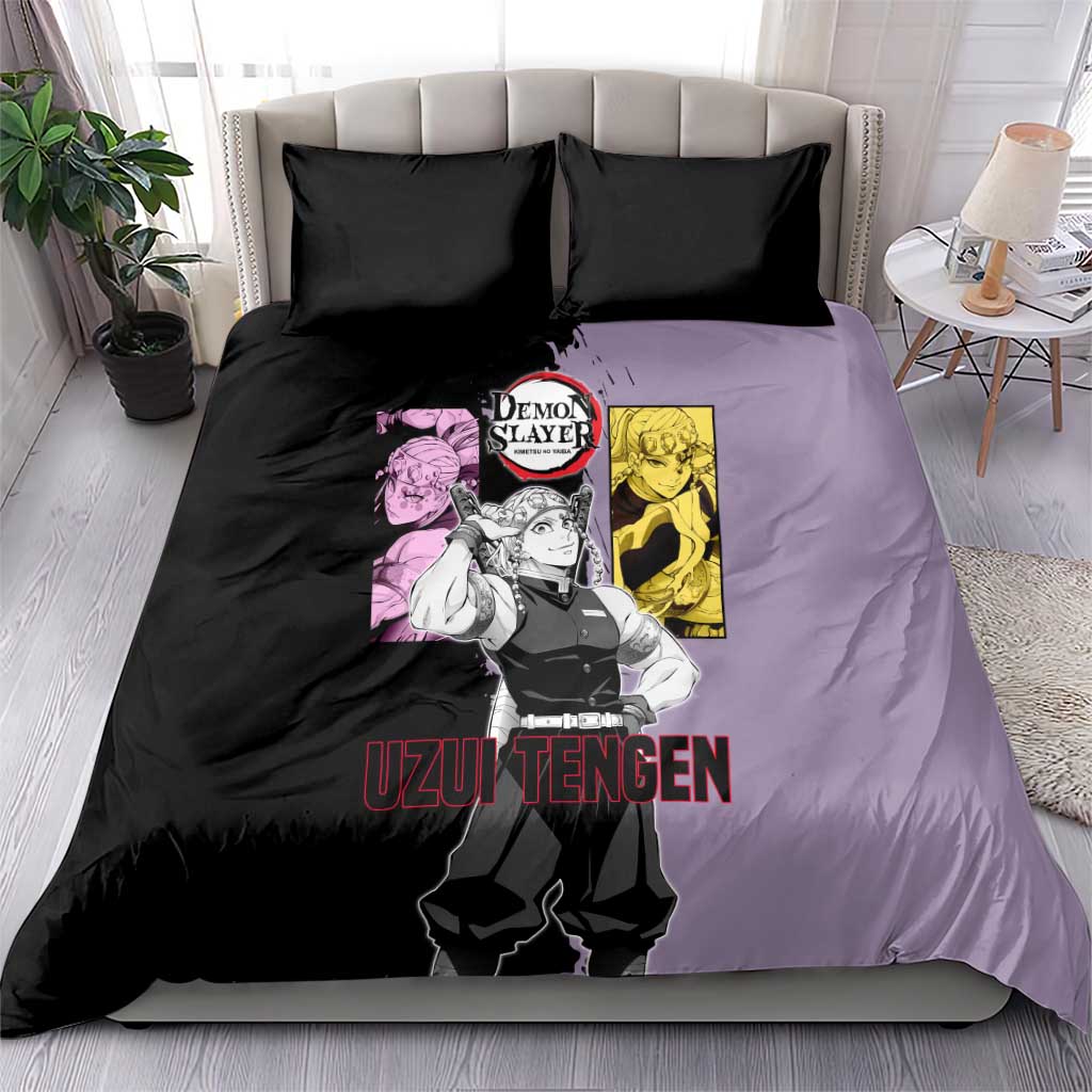 Tengen Uzui from Demon Slayer Bedding Set with Purple and Black Split Design and Dual Sword Manga Panel Layout - The Mazicc