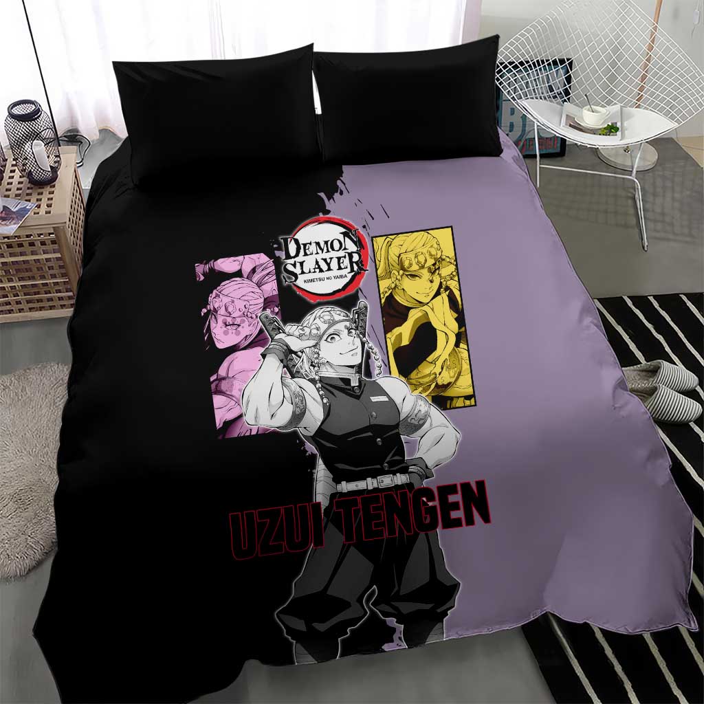 Tengen Uzui from Demon Slayer Bedding Set with Purple and Black Split Design and Dual Sword Manga Panel Layout - The Mazicc