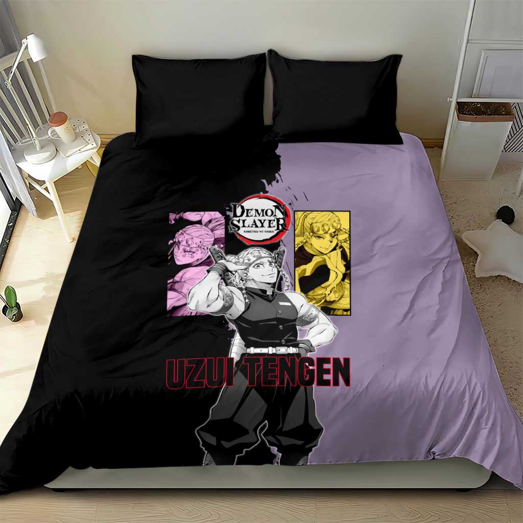 Tengen Uzui from Demon Slayer Bedding Set with Purple and Black Split Design and Dual Sword Manga Panel Layout - The Mazicc