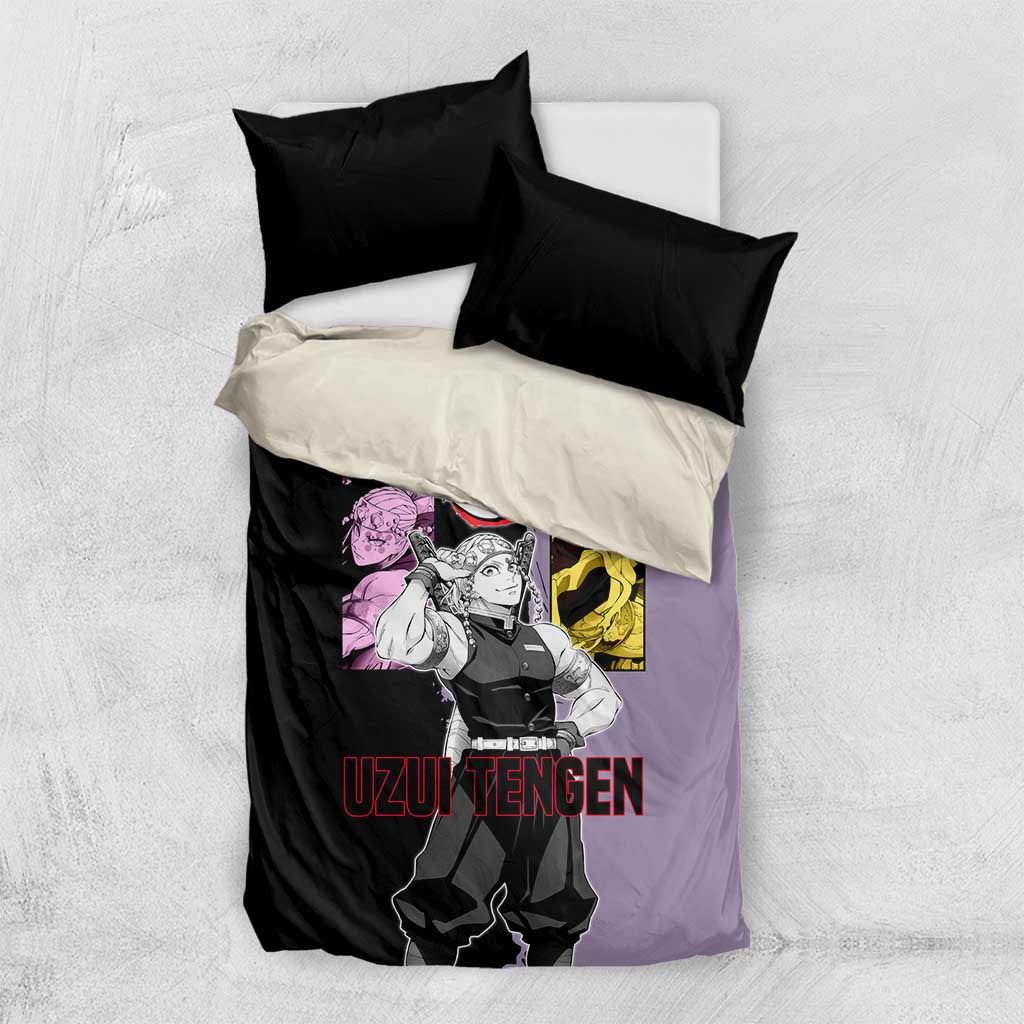 Tengen Uzui from Demon Slayer Bedding Set with Purple and Black Split Design and Dual Sword Manga Panel Layout - The Mazicc
