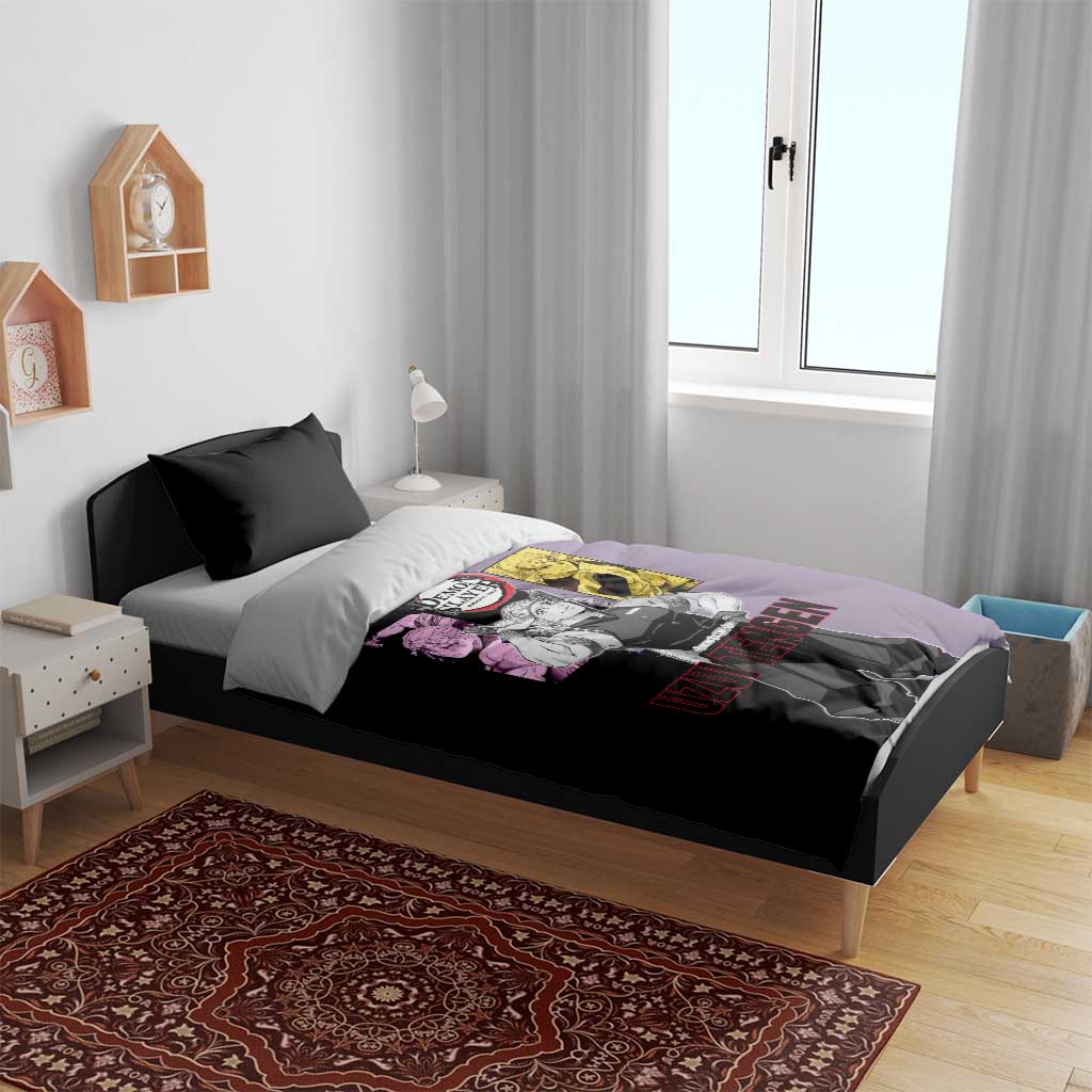 Tengen Uzui from Demon Slayer Bedding Set with Purple and Black Split Design and Dual Sword Manga Panel Layout - The Mazicc