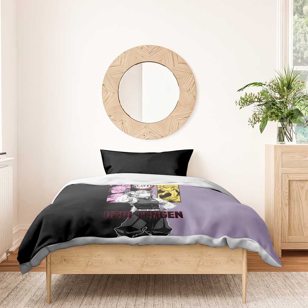 Tengen Uzui from Demon Slayer Bedding Set with Purple and Black Split Design and Dual Sword Manga Panel Layout - The Mazicc