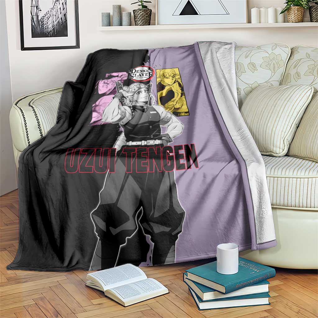 Tengen Uzui from Demon Slayer Blanket with Purple and Black Split Design and Dual Sword Manga Panel Layout - The Mazicc