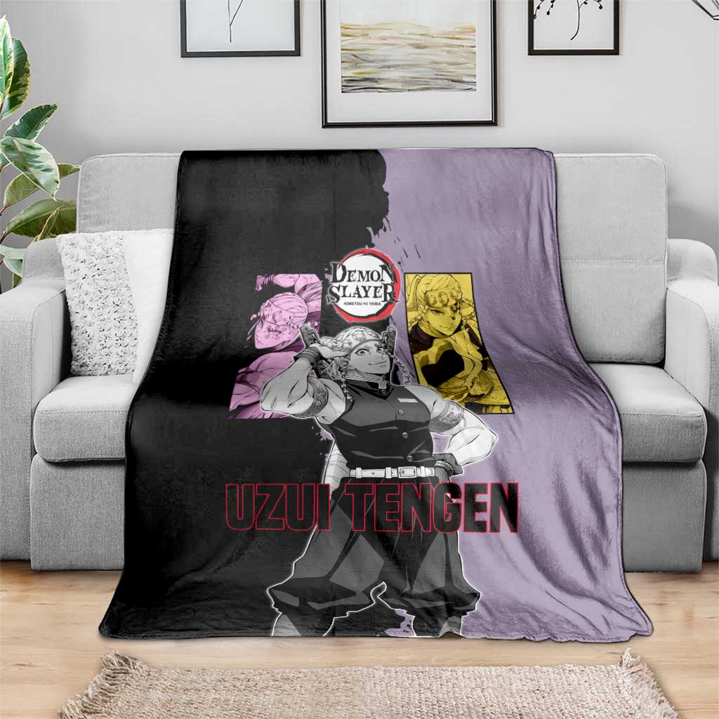 Tengen Uzui from Demon Slayer Blanket with Purple and Black Split Design and Dual Sword Manga Panel Layout - The Mazicc