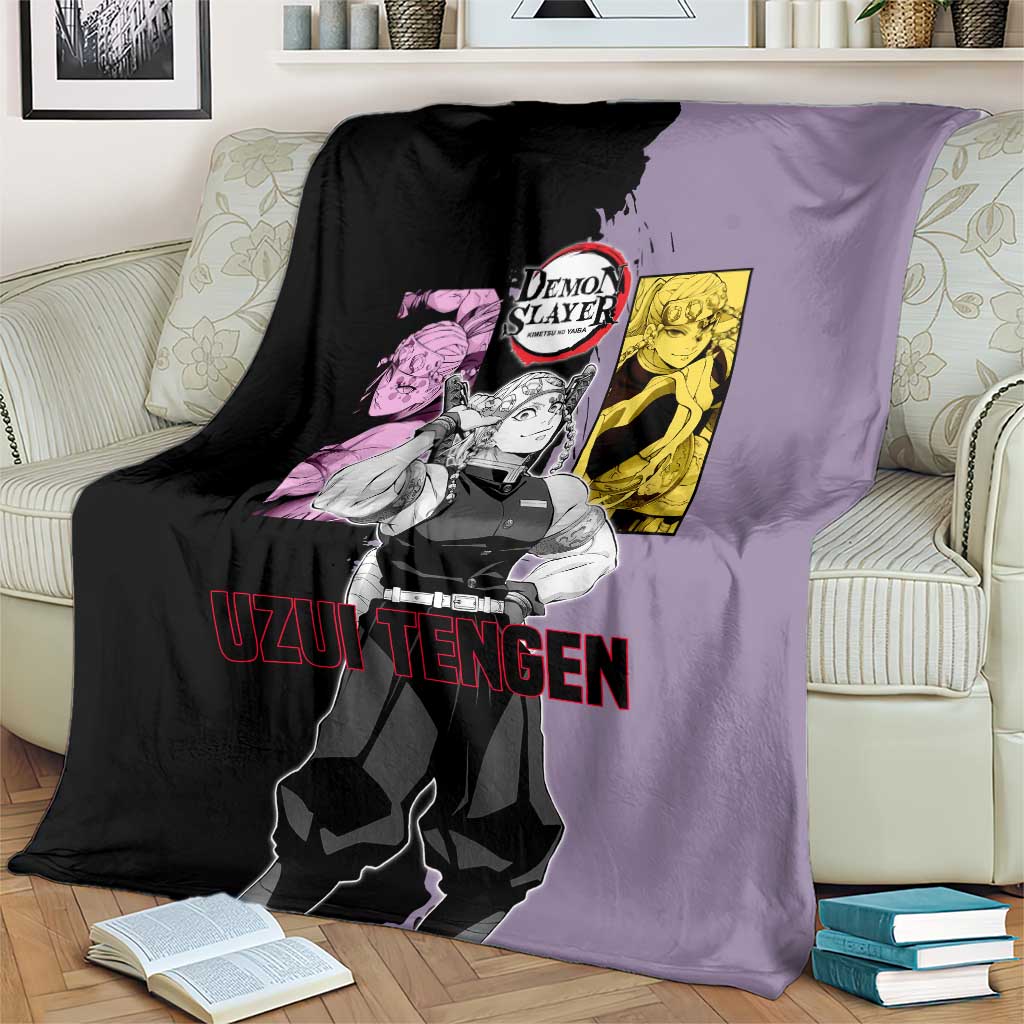 Tengen Uzui from Demon Slayer Blanket with Purple and Black Split Design and Dual Sword Manga Panel Layout - The Mazicc