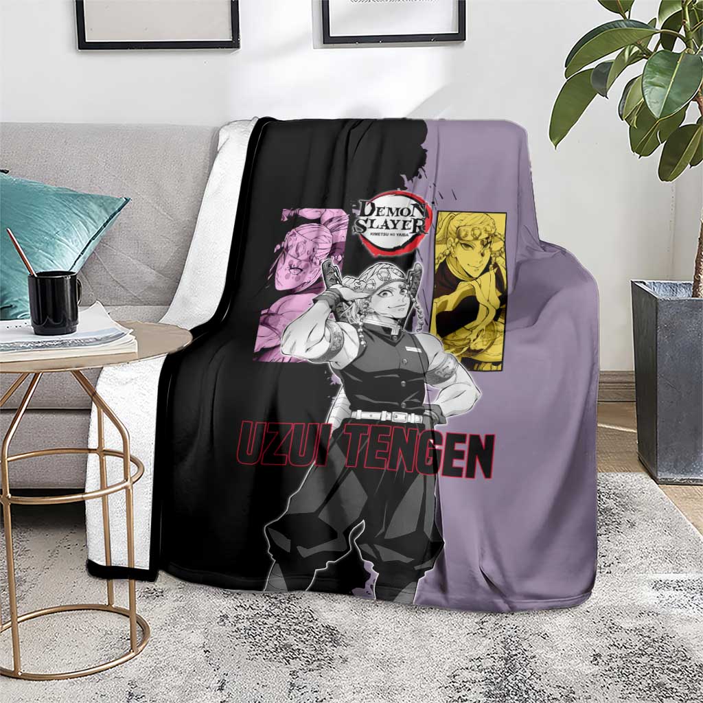 Tengen Uzui from Demon Slayer Blanket with Purple and Black Split Design and Dual Sword Manga Panel Layout - The Mazicc