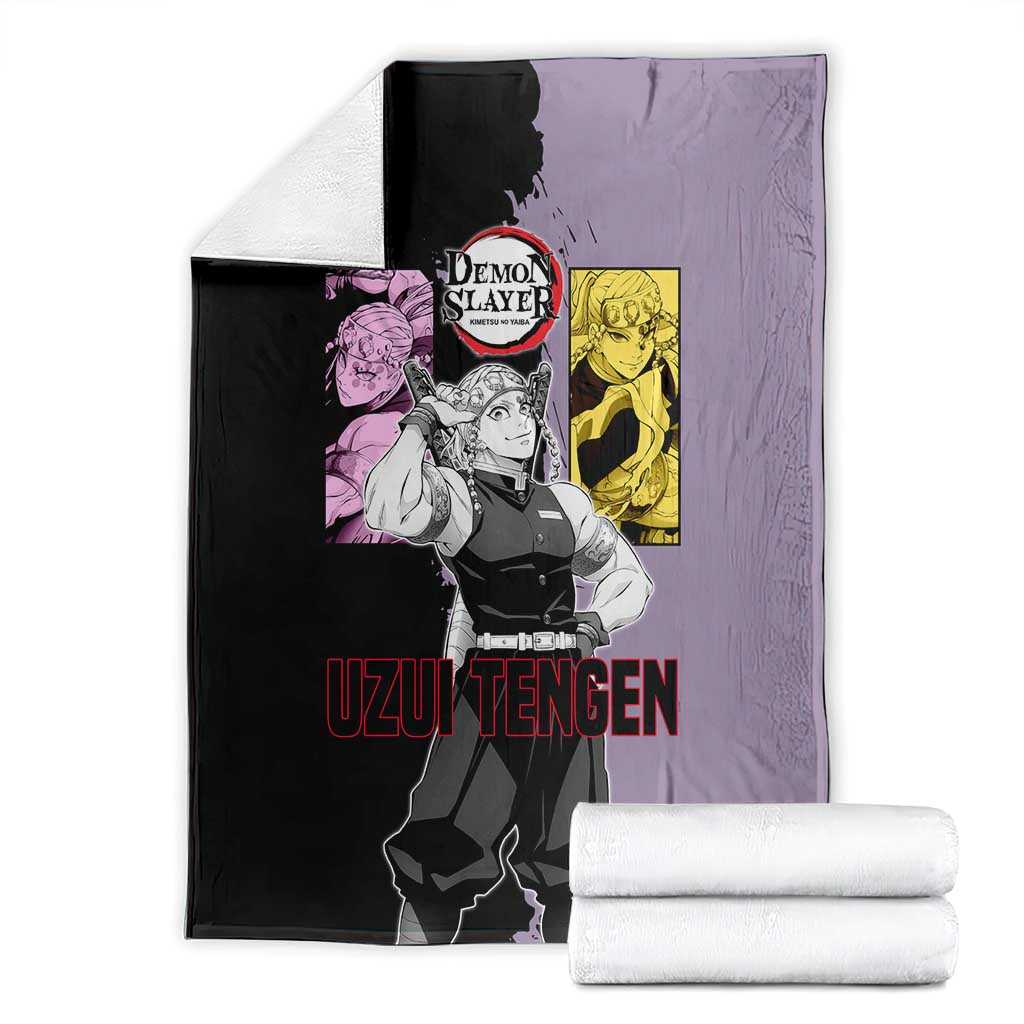 Tengen Uzui from Demon Slayer Blanket with Purple and Black Split Design and Dual Sword Manga Panel Layout - The Mazicc