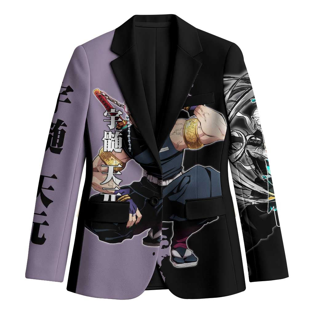 Tengen Uzui from Demon Slayer Blazer with Purple and Black Split Design and Dual Sword Manga Panel Layout - The Mazicc