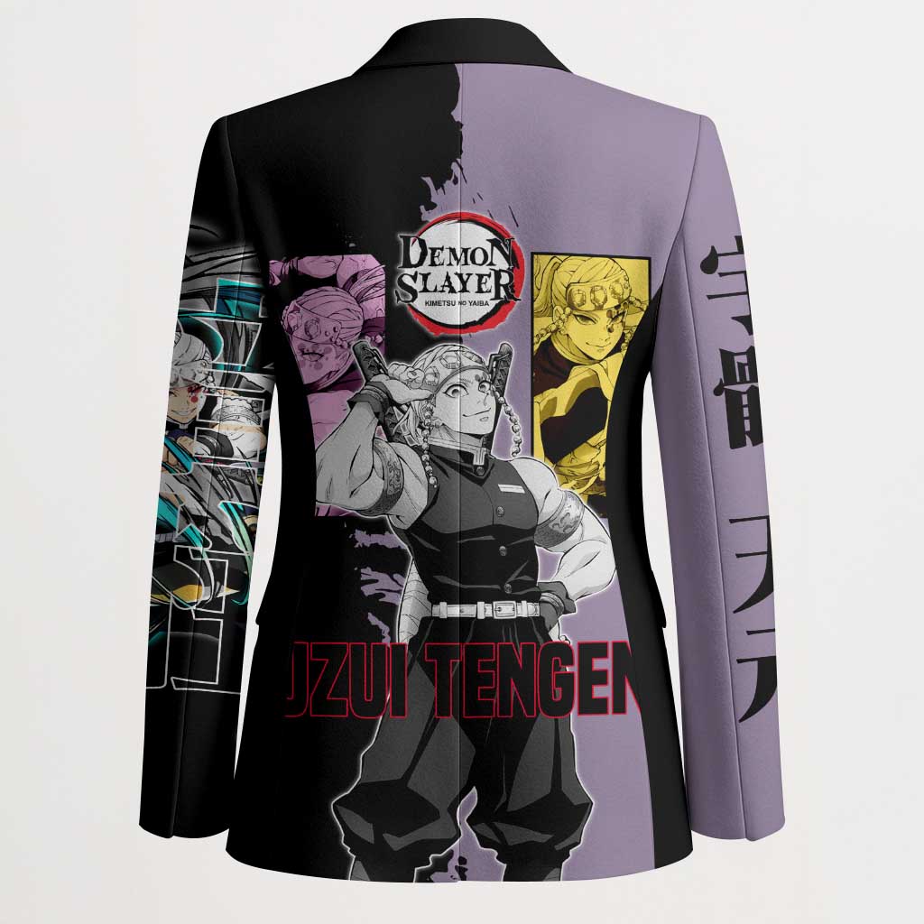 Tengen Uzui from Demon Slayer Blazer with Purple and Black Split Design and Dual Sword Manga Panel Layout - The Mazicc