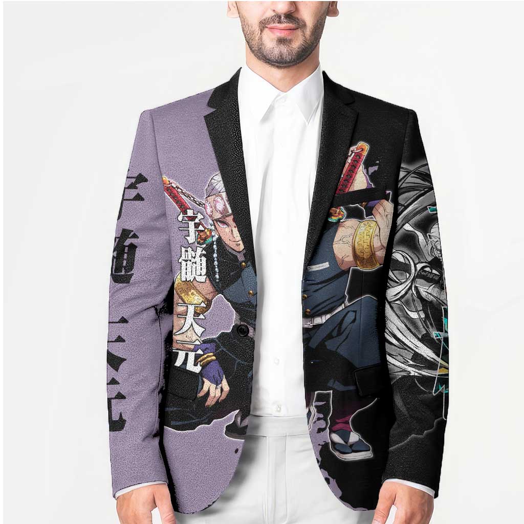 Tengen Uzui from Demon Slayer Blazer with Purple and Black Split Design and Dual Sword Manga Panel Layout - The Mazicc