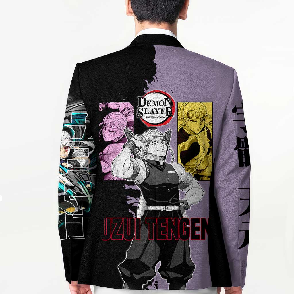 Tengen Uzui from Demon Slayer Blazer with Purple and Black Split Design and Dual Sword Manga Panel Layout - The Mazicc