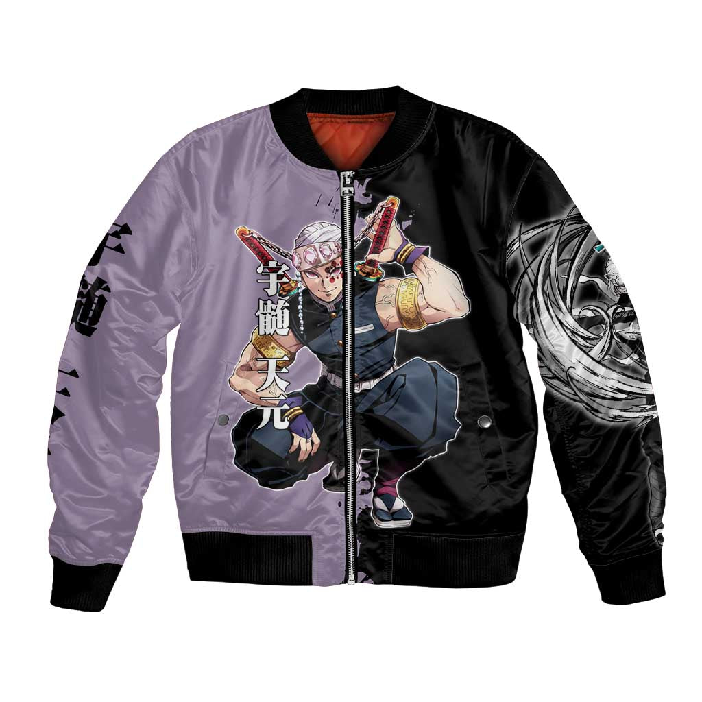Tengen Uzui from Demon Slayer Bomber Jacket with Purple and Black Split Design and Dual Sword Manga Panel Layout - The Mazicc