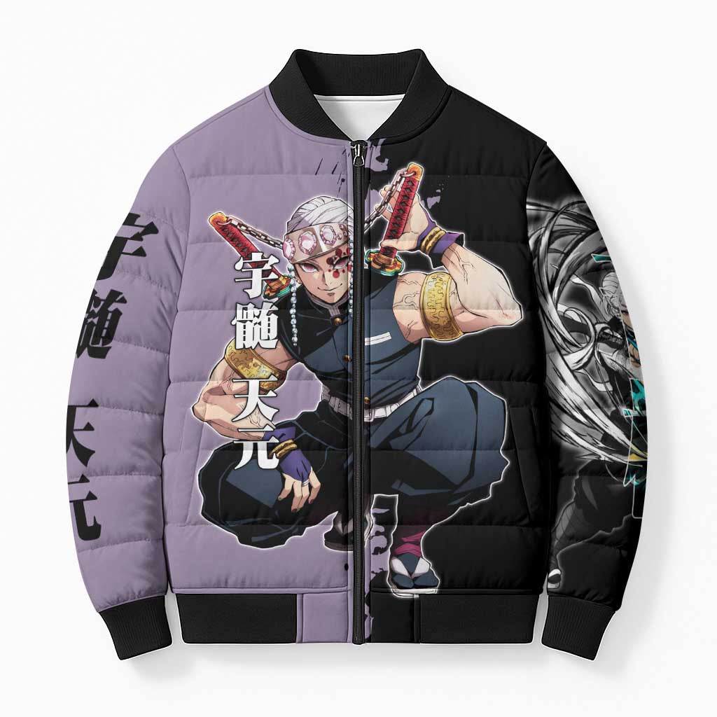 Tengen Uzui from Demon Slayer Bomber Puffer Jacket with Purple and Black Split Design and Dual Sword Manga Panel Layout - The Mazicc