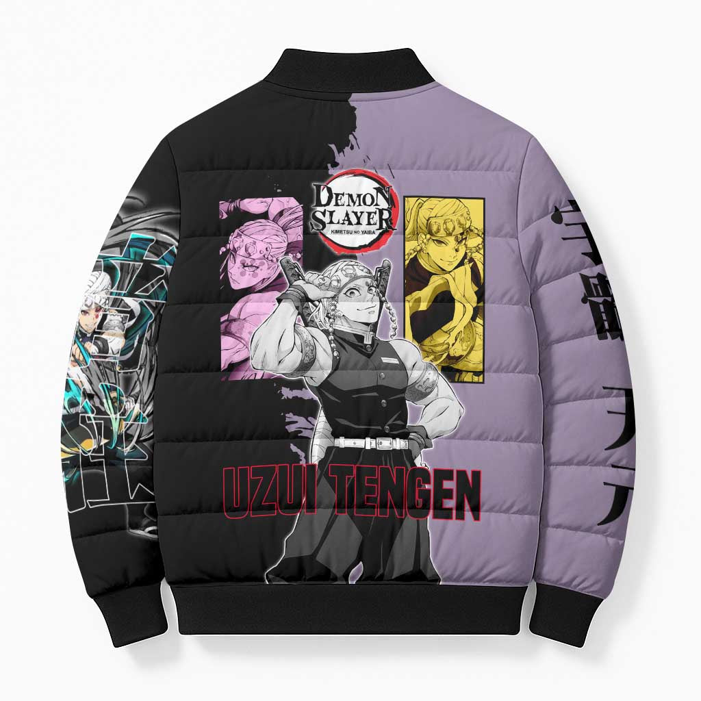 Tengen Uzui from Demon Slayer Bomber Puffer Jacket with Purple and Black Split Design and Dual Sword Manga Panel Layout - The Mazicc