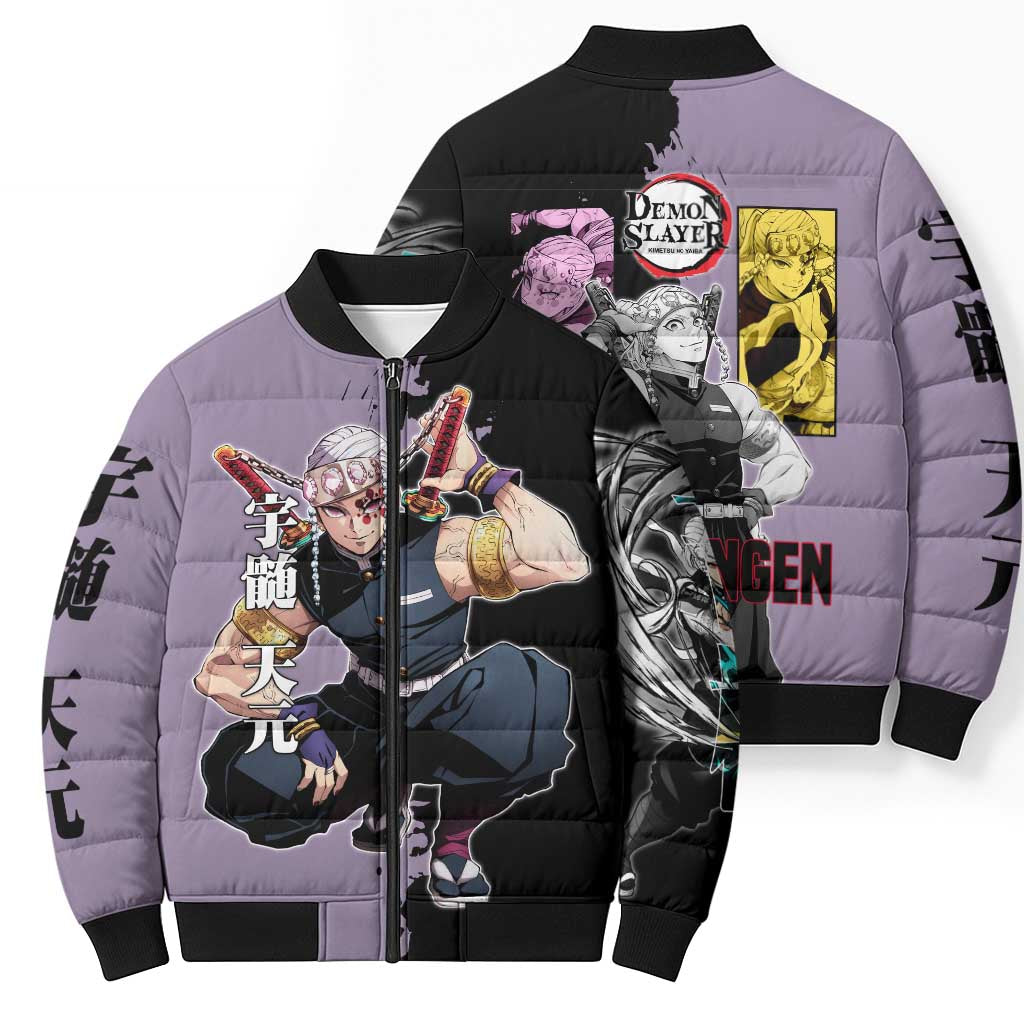 Tengen Uzui from Demon Slayer Bomber Puffer Jacket with Purple and Black Split Design and Dual Sword Manga Panel Layout - The Mazicc