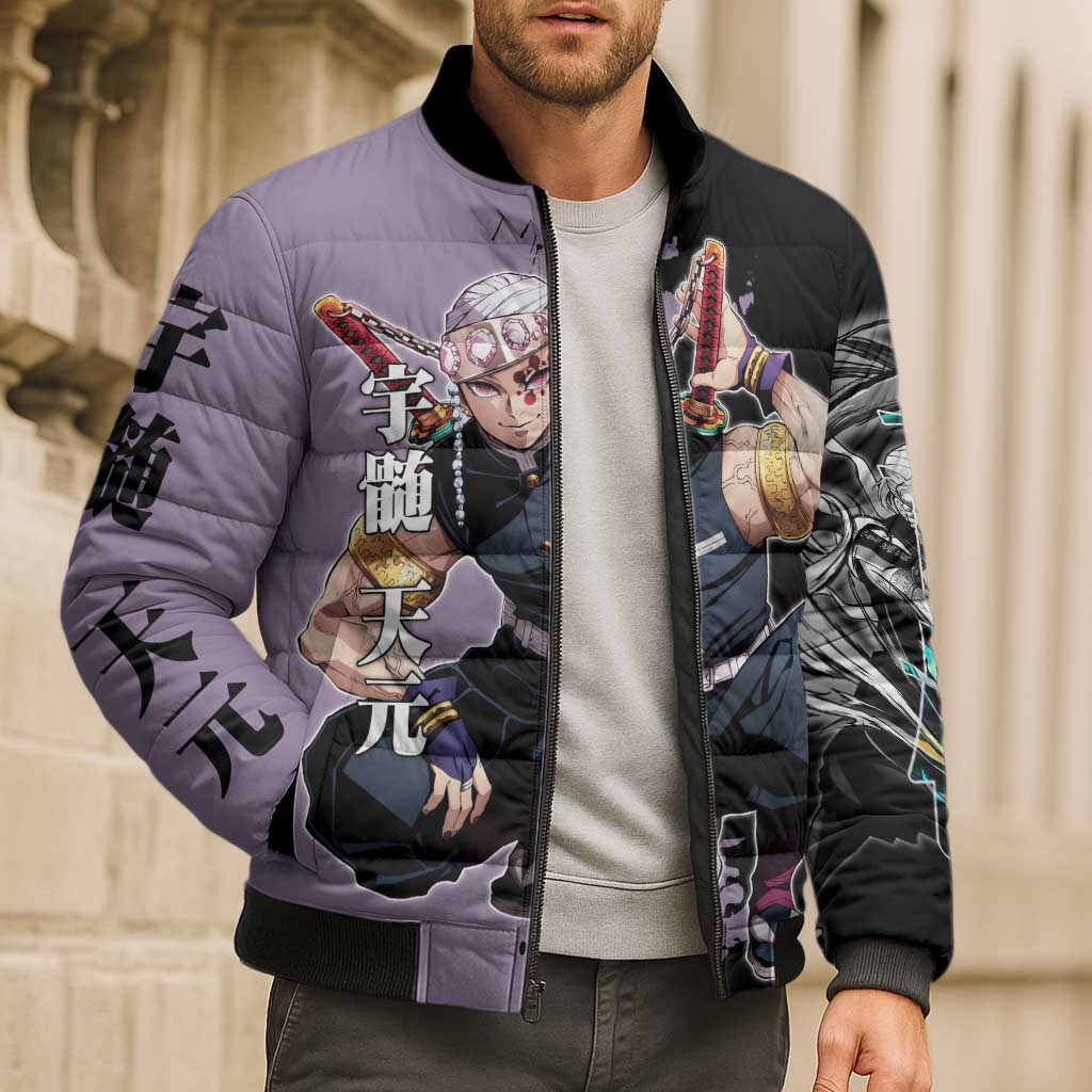 Tengen Uzui from Demon Slayer Bomber Puffer Jacket with Purple and Black Split Design and Dual Sword Manga Panel Layout - The Mazicc