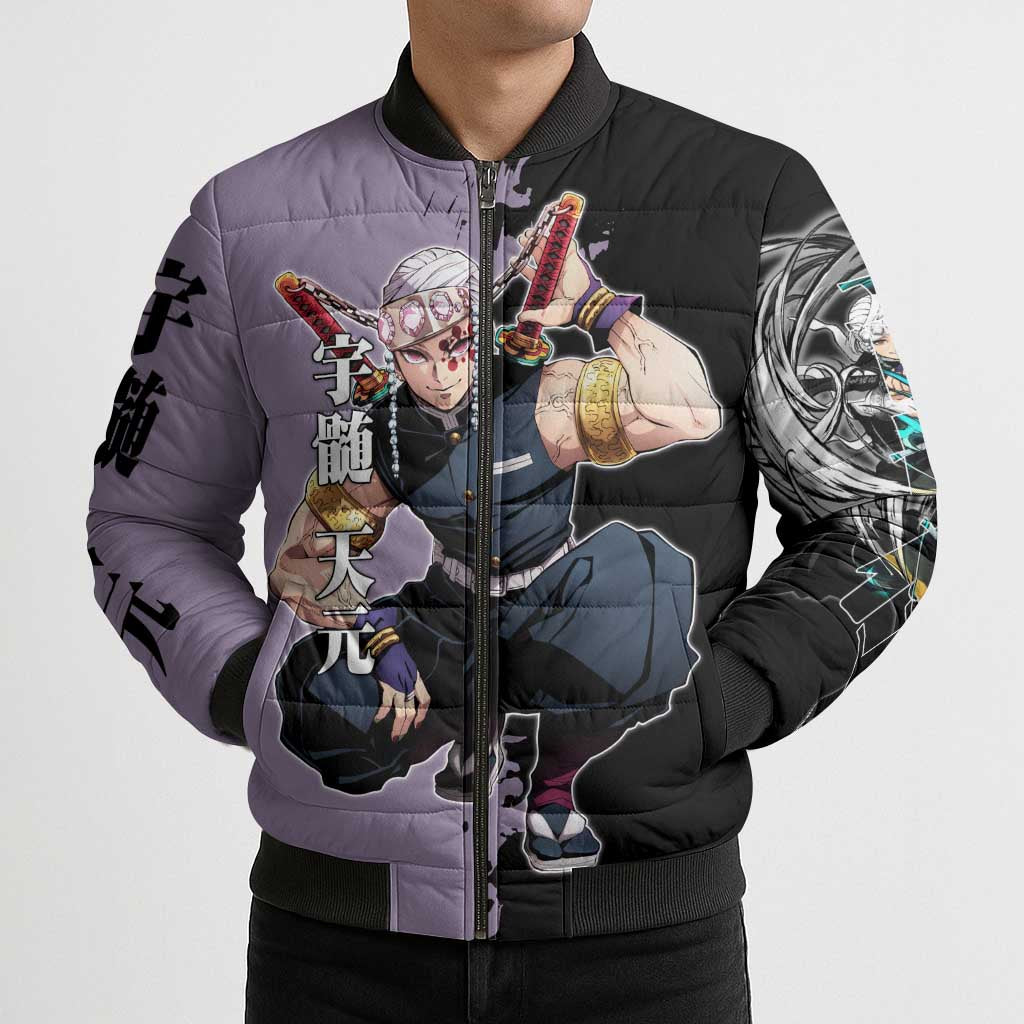 Tengen Uzui from Demon Slayer Bomber Puffer Jacket with Purple and Black Split Design and Dual Sword Manga Panel Layout - The Mazicc
