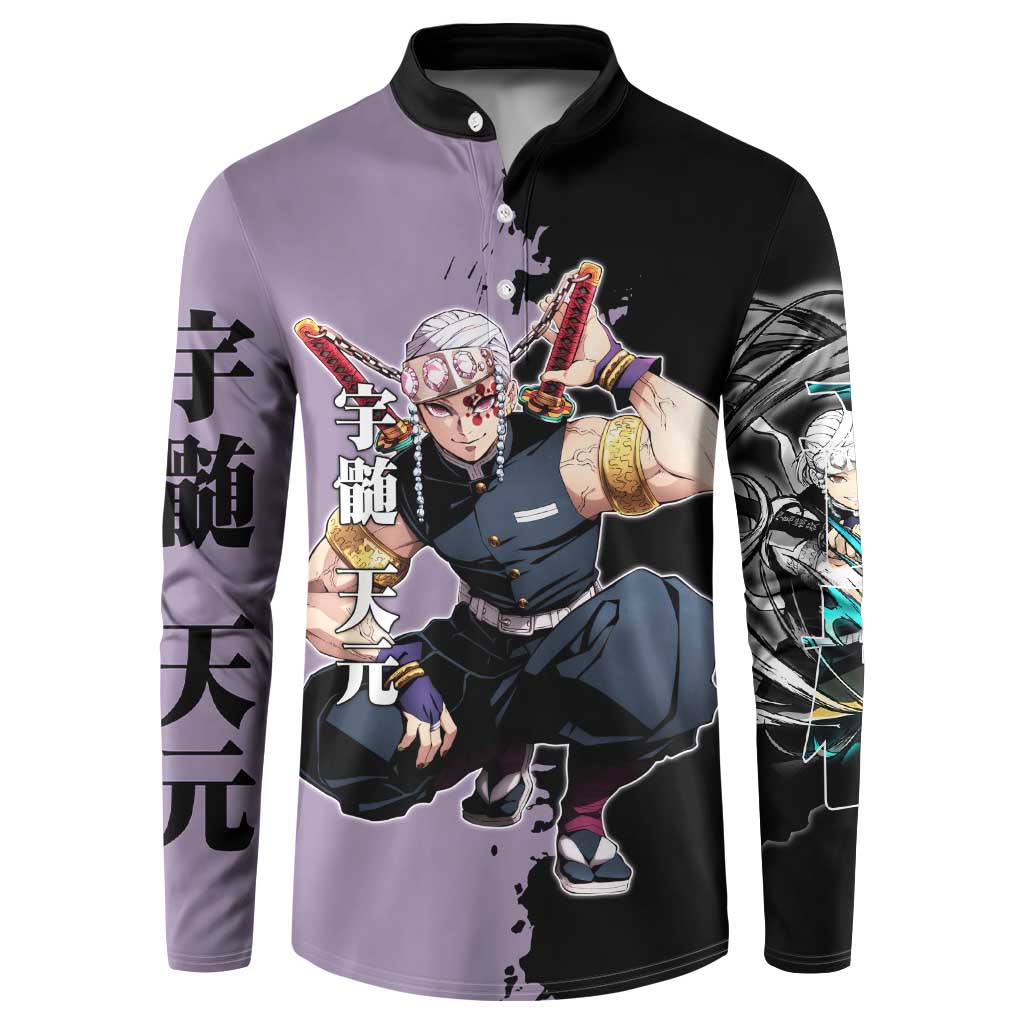 Tengen Uzui from Demon Slayer Button Sweatshirt with Purple and Black Split Design and Dual Sword Manga Panel Layout - The Mazicc