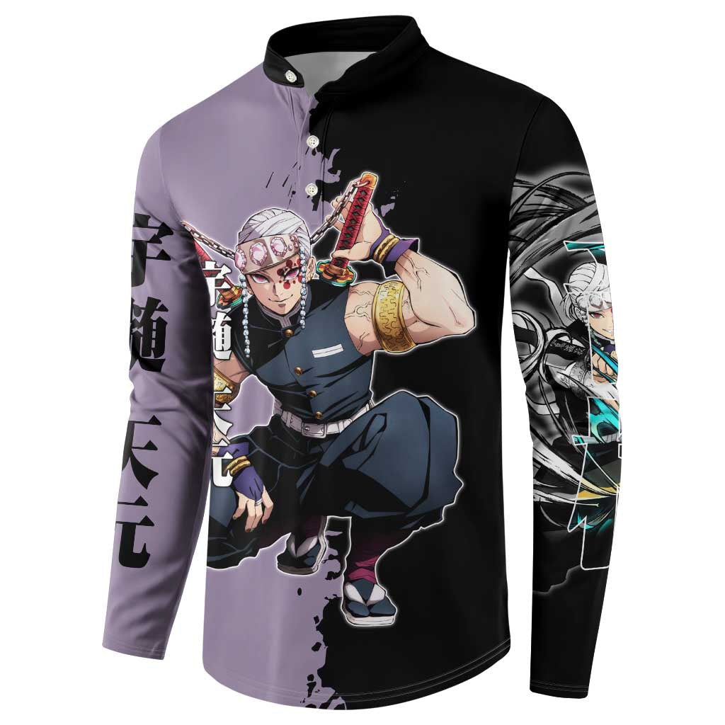 Tengen Uzui from Demon Slayer Button Sweatshirt with Purple and Black Split Design and Dual Sword Manga Panel Layout - The Mazicc
