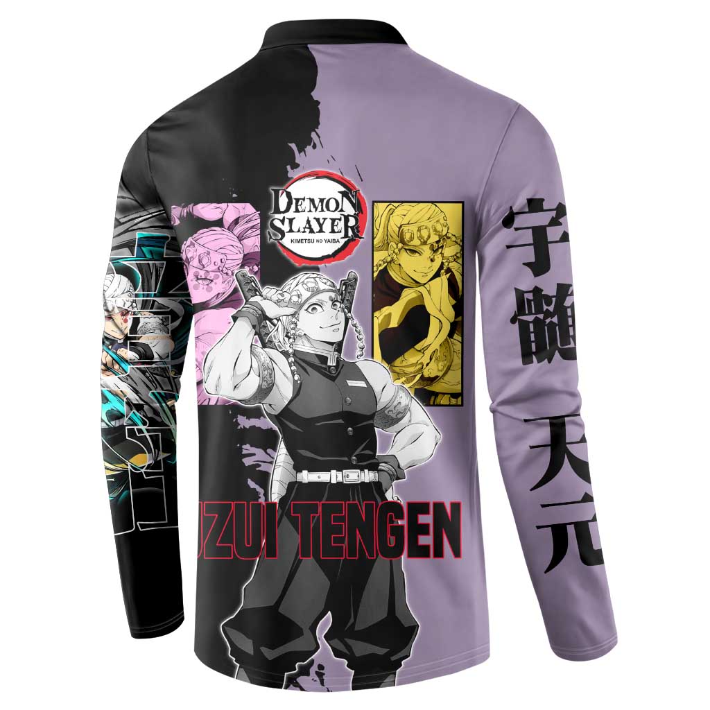 Tengen Uzui from Demon Slayer Button Sweatshirt with Purple and Black Split Design and Dual Sword Manga Panel Layout - The Mazicc