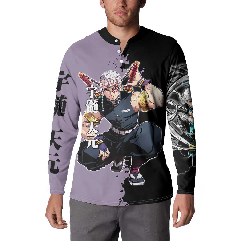 Tengen Uzui from Demon Slayer Button Sweatshirt with Purple and Black Split Design and Dual Sword Manga Panel Layout - The Mazicc
