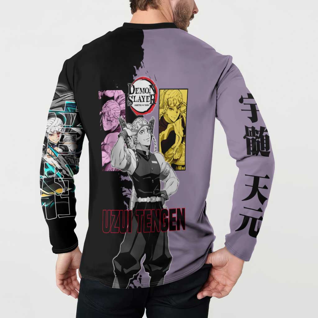 Tengen Uzui from Demon Slayer Button Sweatshirt with Purple and Black Split Design and Dual Sword Manga Panel Layout - The Mazicc
