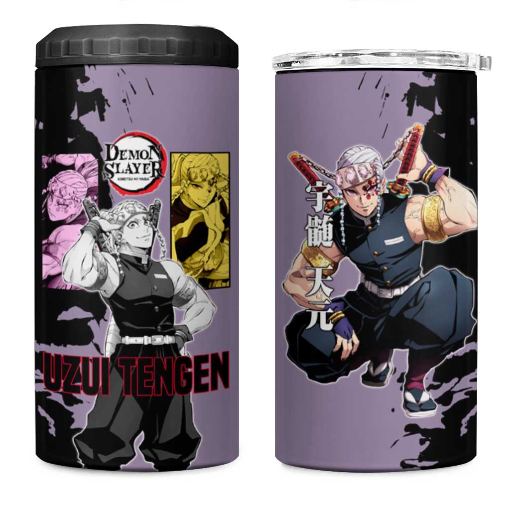 Tengen Uzui from Demon Slayer 4 in 1 Can Cooler Tumbler with Purple and Black Split Design and Dual Sword Manga Panel Layout - The Mazicc