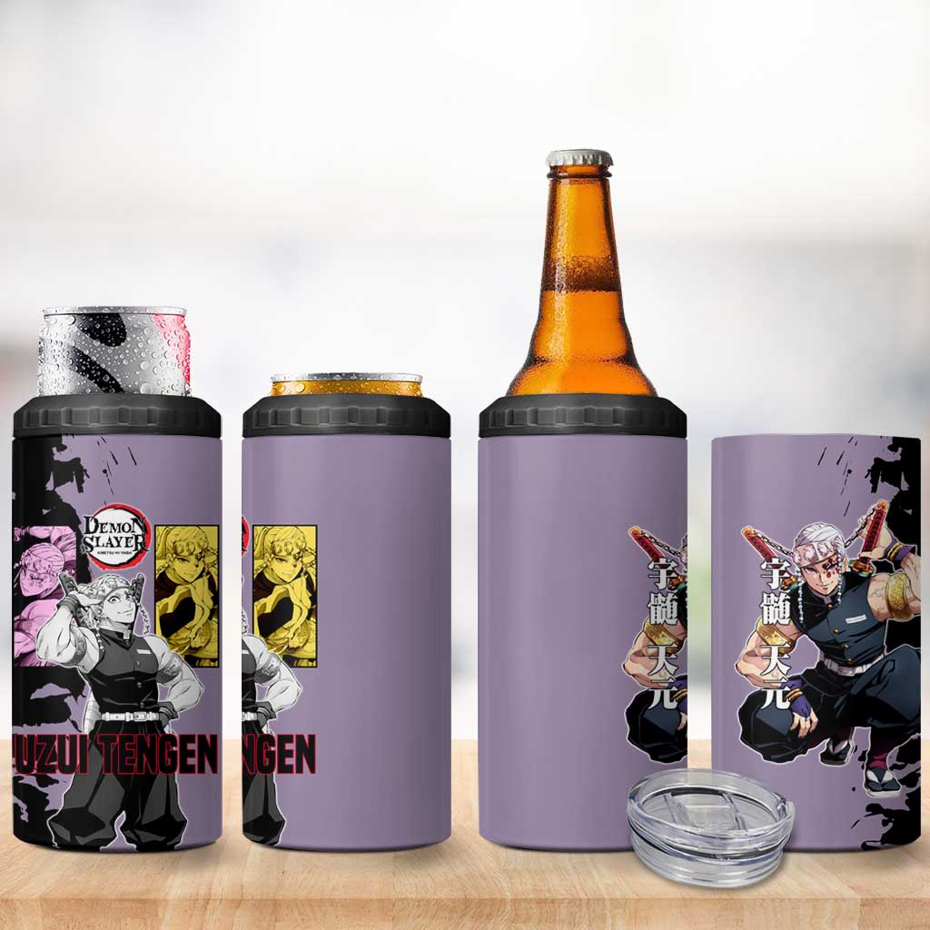 Tengen Uzui from Demon Slayer 4 in 1 Can Cooler Tumbler with Purple and Black Split Design and Dual Sword Manga Panel Layout - The Mazicc
