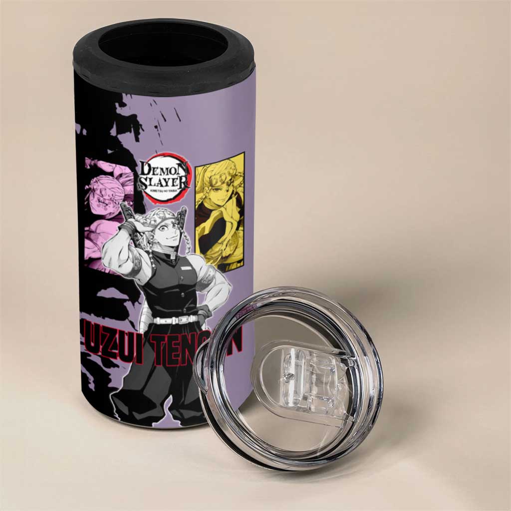 Tengen Uzui from Demon Slayer 4 in 1 Can Cooler Tumbler with Purple and Black Split Design and Dual Sword Manga Panel Layout - The Mazicc