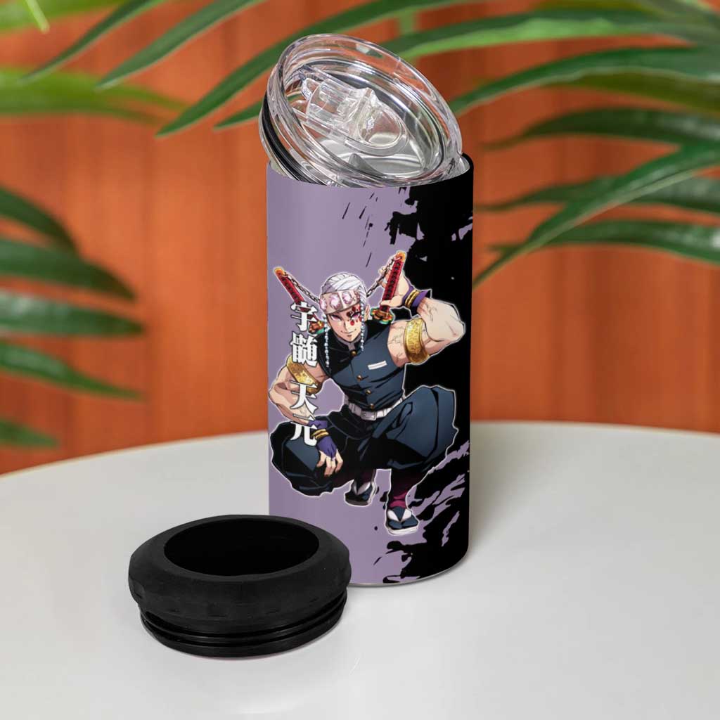 Tengen Uzui from Demon Slayer 4 in 1 Can Cooler Tumbler with Purple and Black Split Design and Dual Sword Manga Panel Layout - The Mazicc