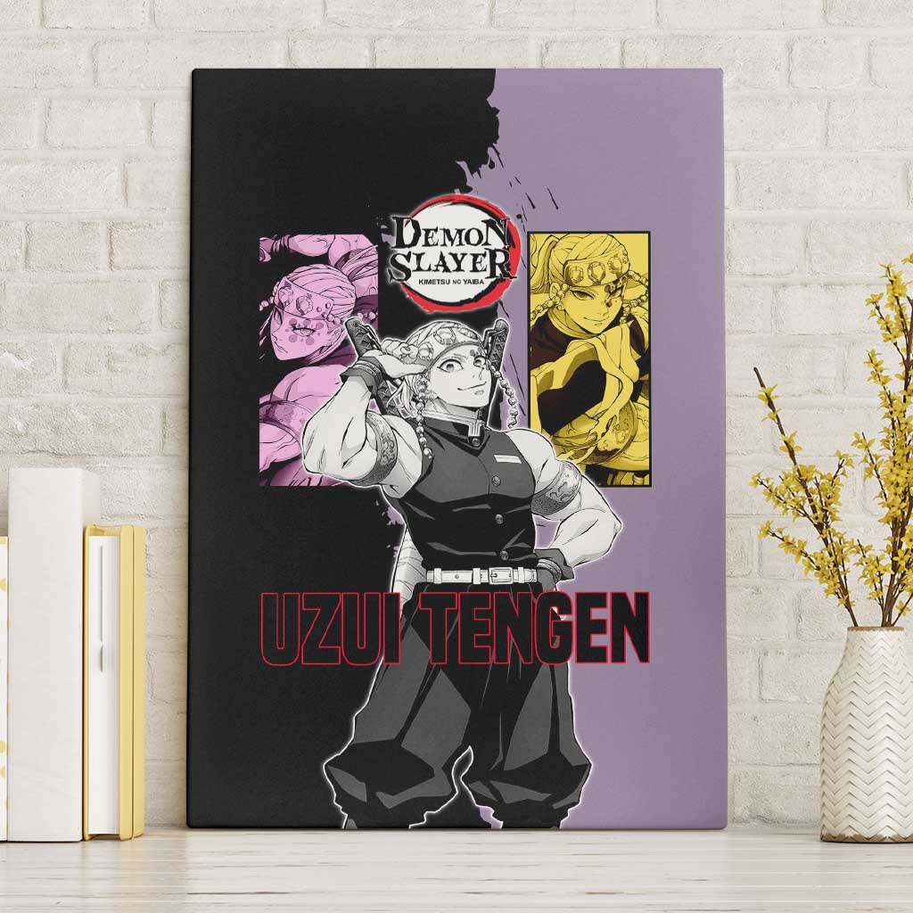 Tengen Uzui from Demon Slayer Canvas Wall Art with Purple and Black Split Design and Dual Sword Manga Panel Layout - The Mazicc