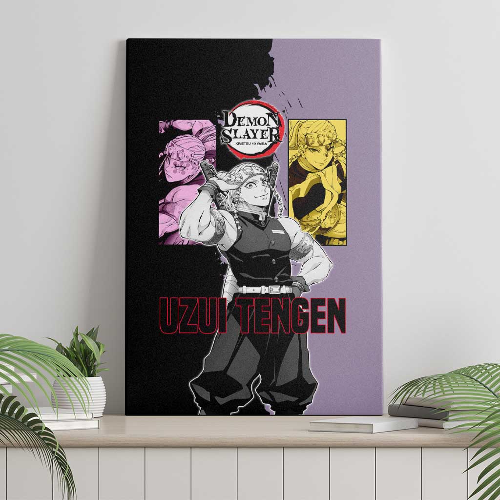 Tengen Uzui from Demon Slayer Canvas Wall Art with Purple and Black Split Design and Dual Sword Manga Panel Layout - The Mazicc
