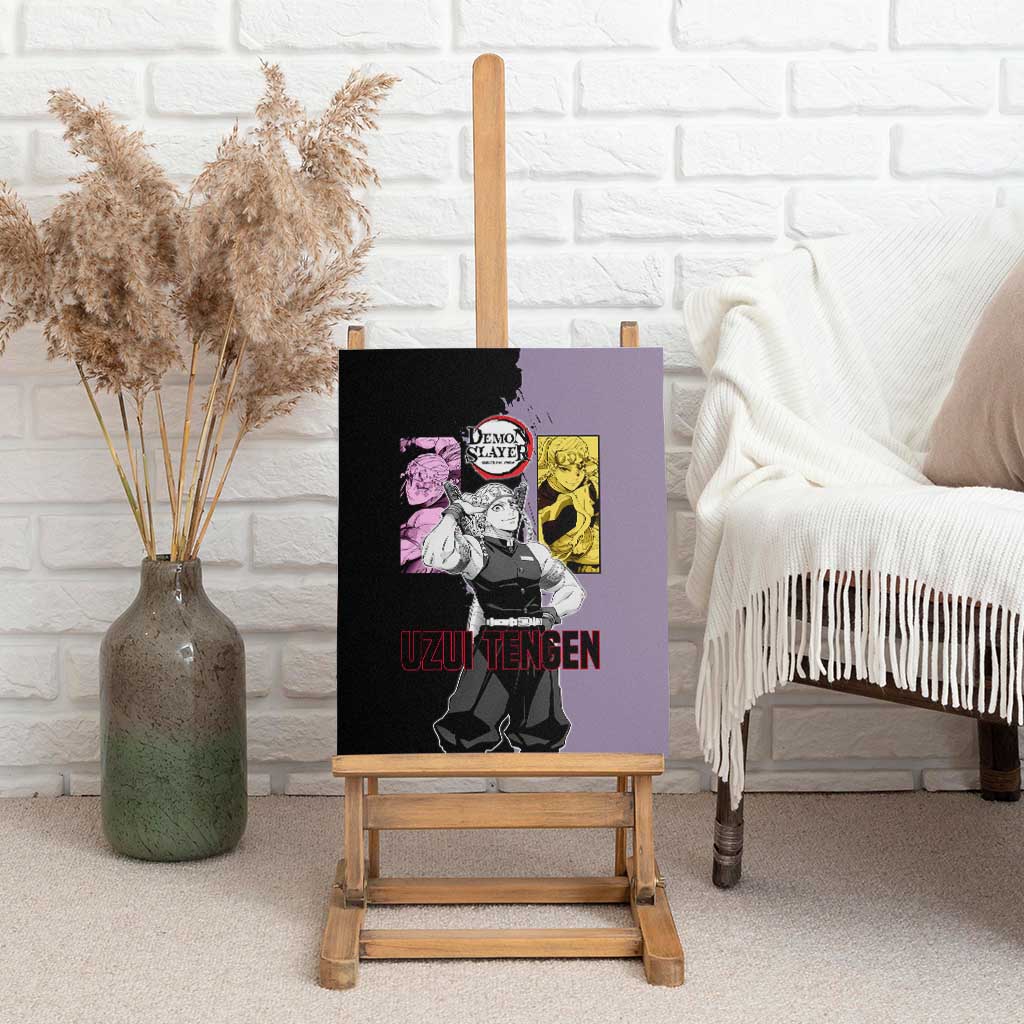 Tengen Uzui from Demon Slayer Canvas Wall Art with Purple and Black Split Design and Dual Sword Manga Panel Layout - The Mazicc