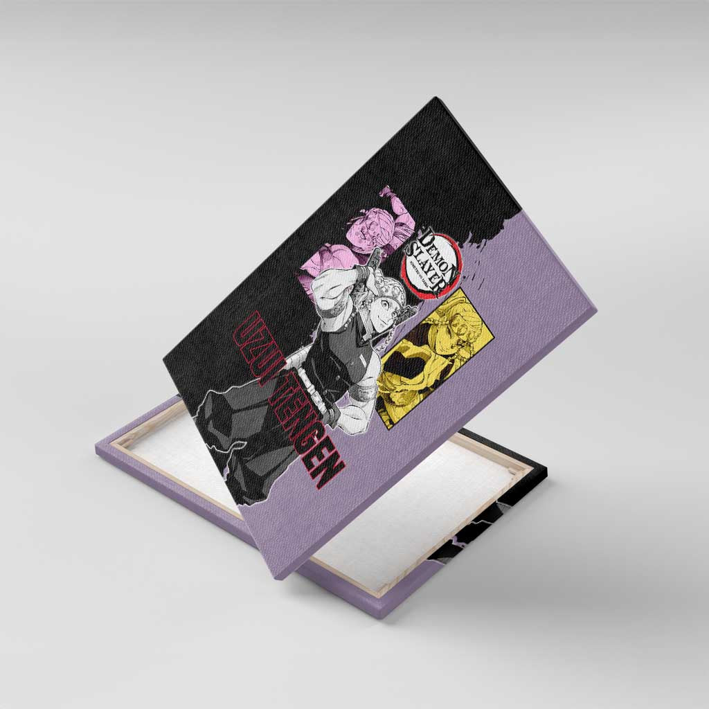 Tengen Uzui from Demon Slayer Canvas Wall Art with Purple and Black Split Design and Dual Sword Manga Panel Layout - The Mazicc