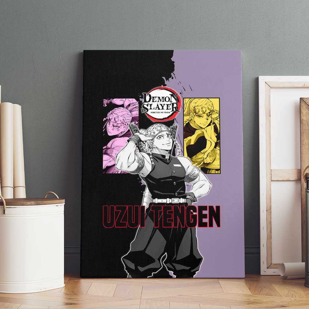 Tengen Uzui from Demon Slayer Canvas Wall Art with Purple and Black Split Design and Dual Sword Manga Panel Layout - The Mazicc