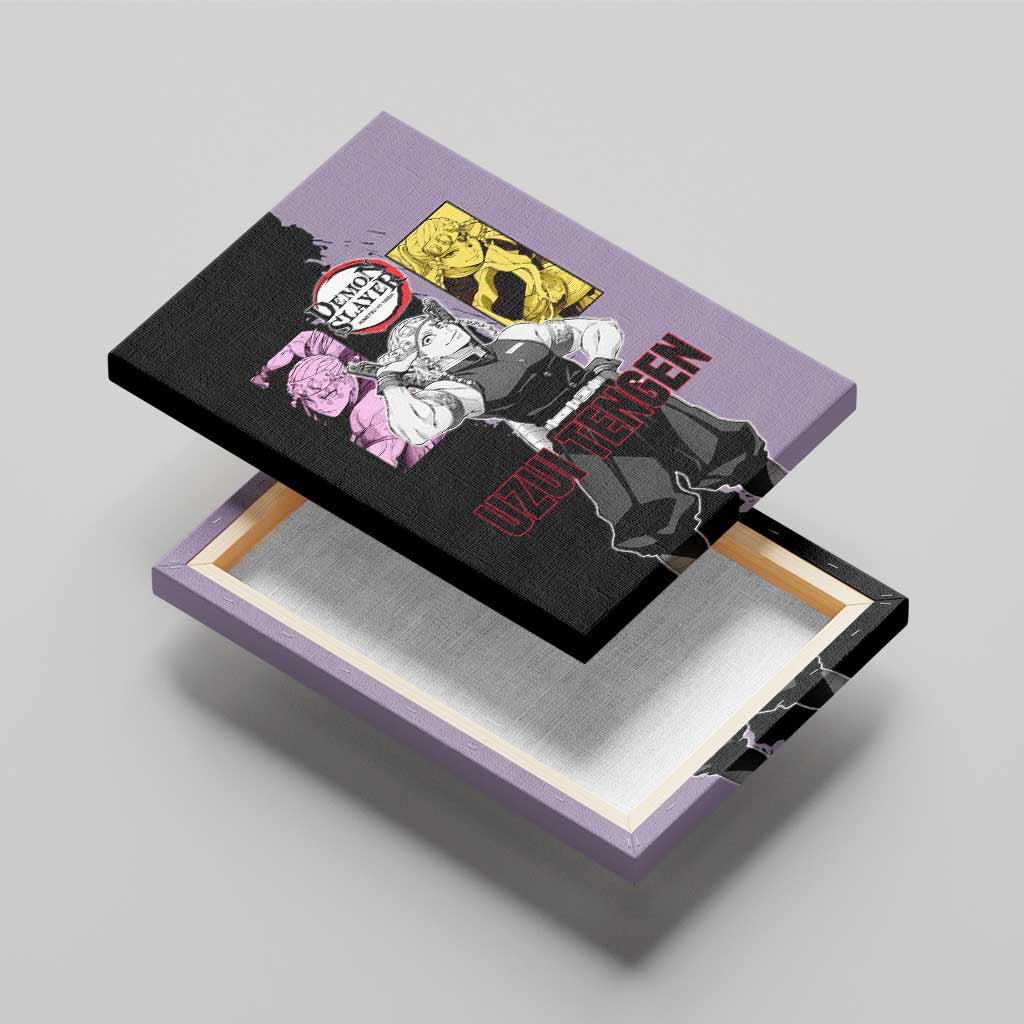Tengen Uzui from Demon Slayer Canvas Wall Art with Purple and Black Split Design and Dual Sword Manga Panel Layout - The Mazicc