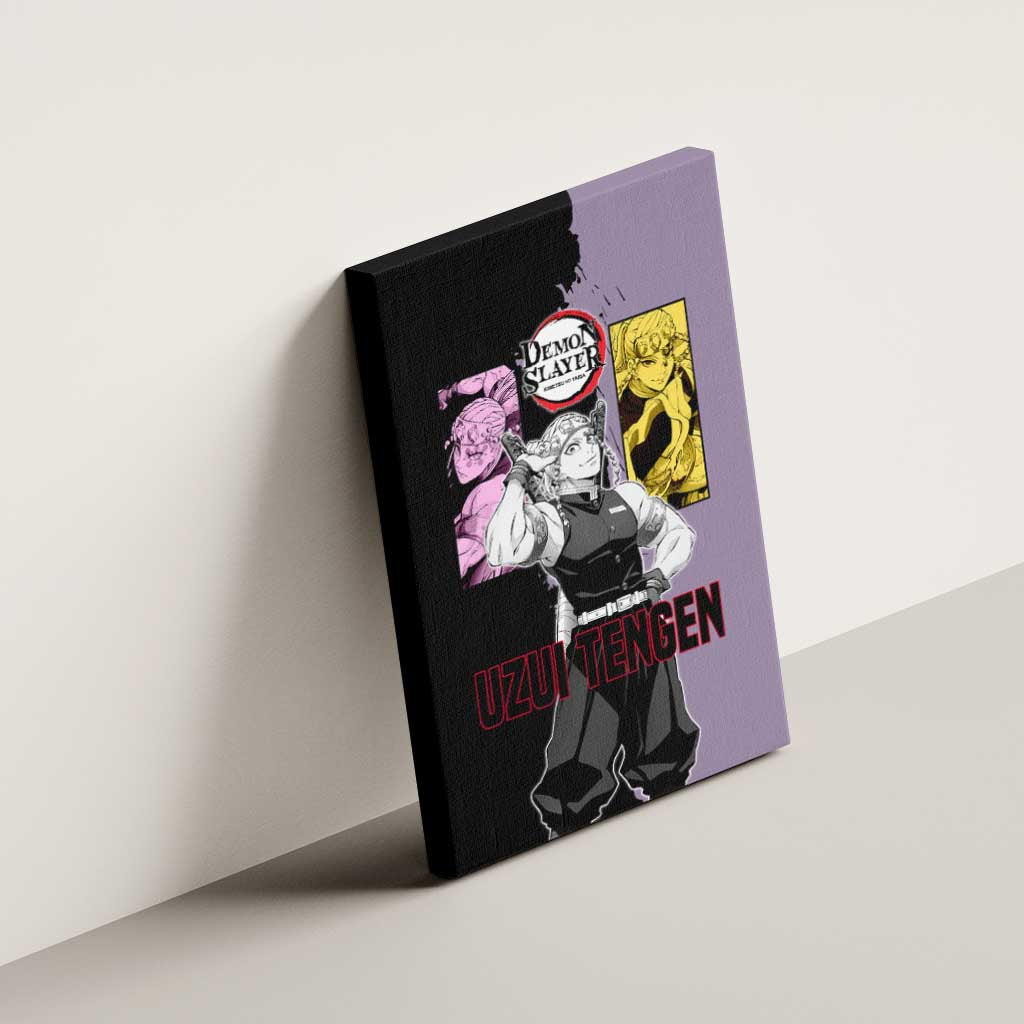 Tengen Uzui from Demon Slayer Canvas Wall Art with Purple and Black Split Design and Dual Sword Manga Panel Layout - The Mazicc
