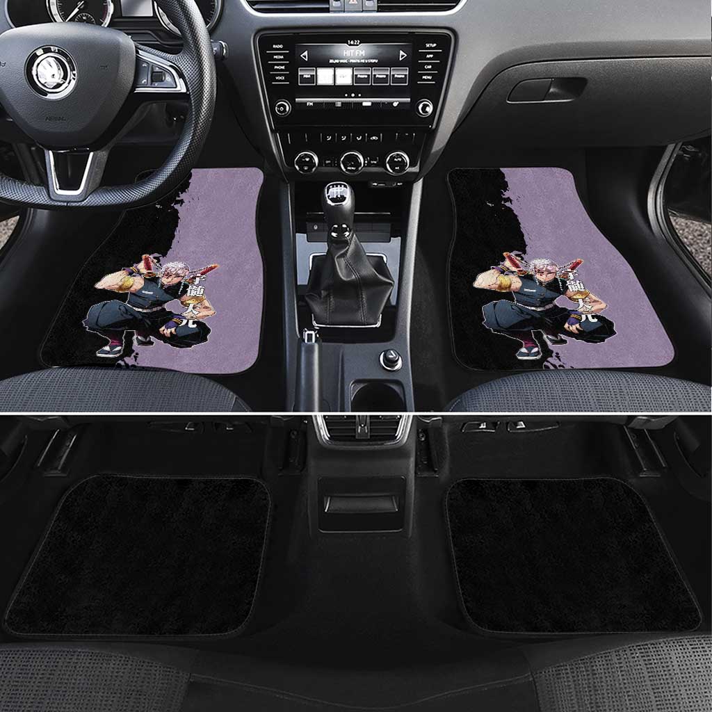 Tengen Uzui from Demon Slayer Car Mats with Purple and Black Split Design and Dual Sword Manga Panel Layout - The Mazicc