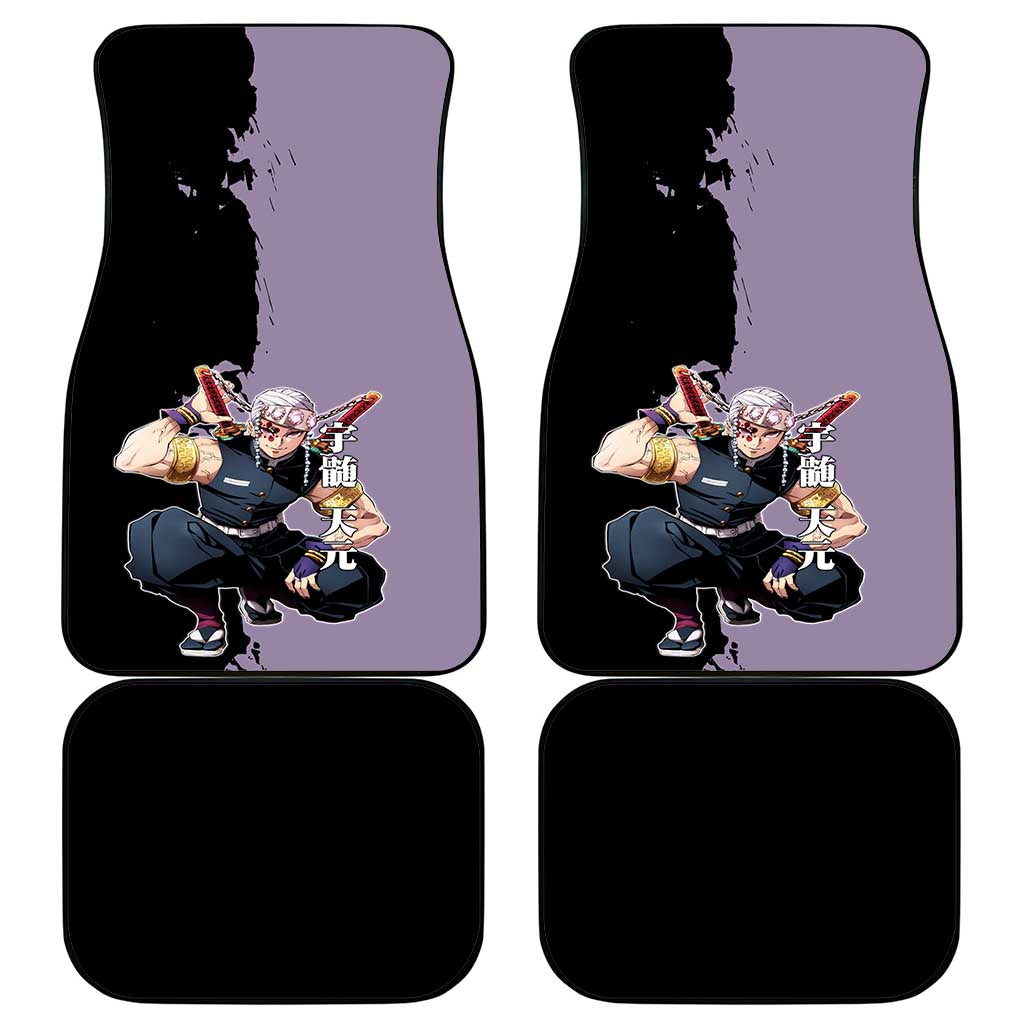 Tengen Uzui from Demon Slayer Car Mats with Purple and Black Split Design and Dual Sword Manga Panel Layout - The Mazicc