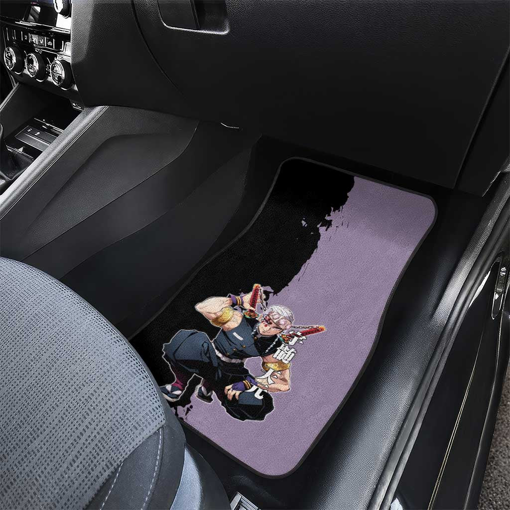 Tengen Uzui from Demon Slayer Car Mats with Purple and Black Split Design and Dual Sword Manga Panel Layout - The Mazicc