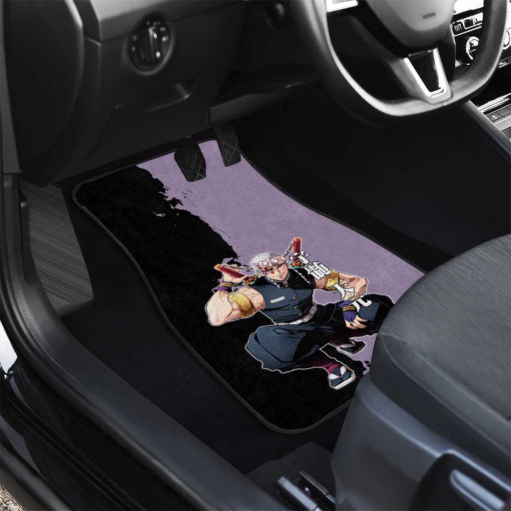 Tengen Uzui from Demon Slayer Car Mats with Purple and Black Split Design and Dual Sword Manga Panel Layout - The Mazicc