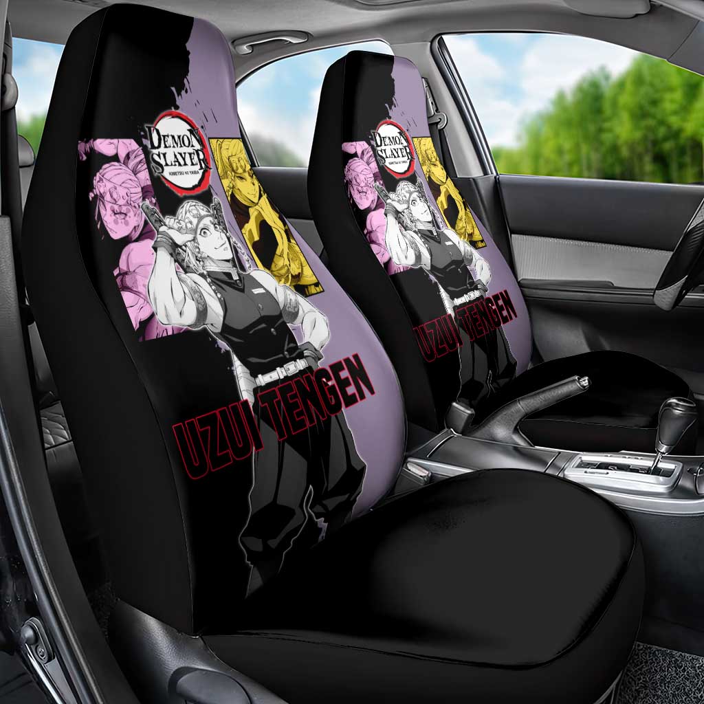 Tengen Uzui from Demon Slayer Car Seat Cover with Purple and Black Split Design and Dual Sword Manga Panel Layout - The Mazicc