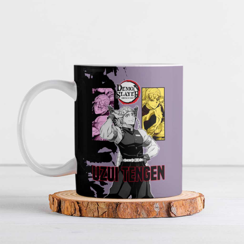 Tengen Uzui from Demon Slayer Ceramic Mug with Purple and Black Split Design and Dual Sword Manga Panel Layout - The Mazicc