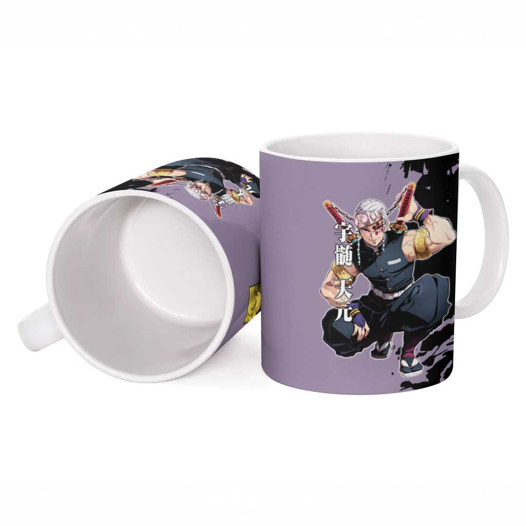 Tengen Uzui from Demon Slayer Ceramic Mug with Purple and Black Split Design and Dual Sword Manga Panel Layout - The Mazicc