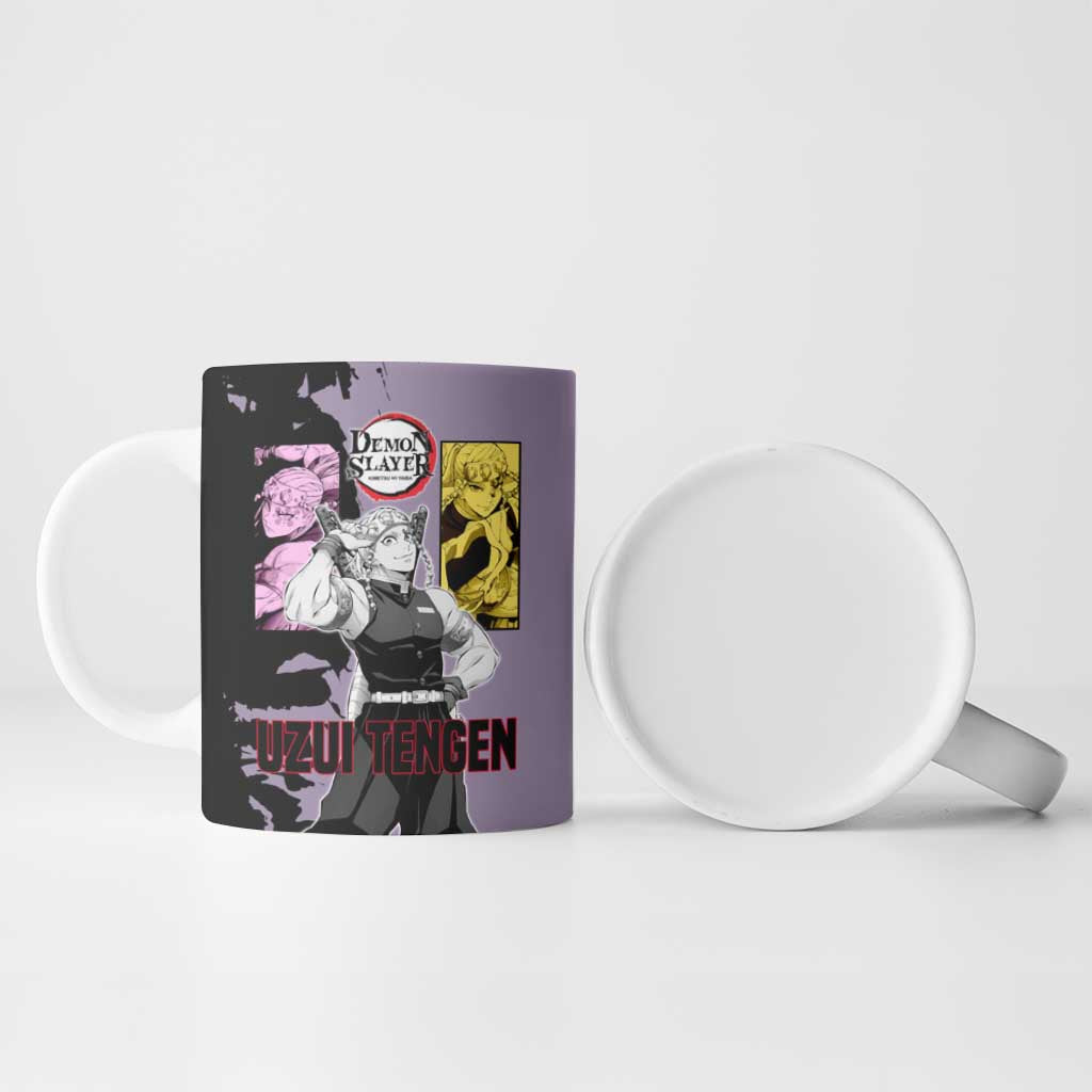 Tengen Uzui from Demon Slayer Ceramic Mug with Purple and Black Split Design and Dual Sword Manga Panel Layout - The Mazicc