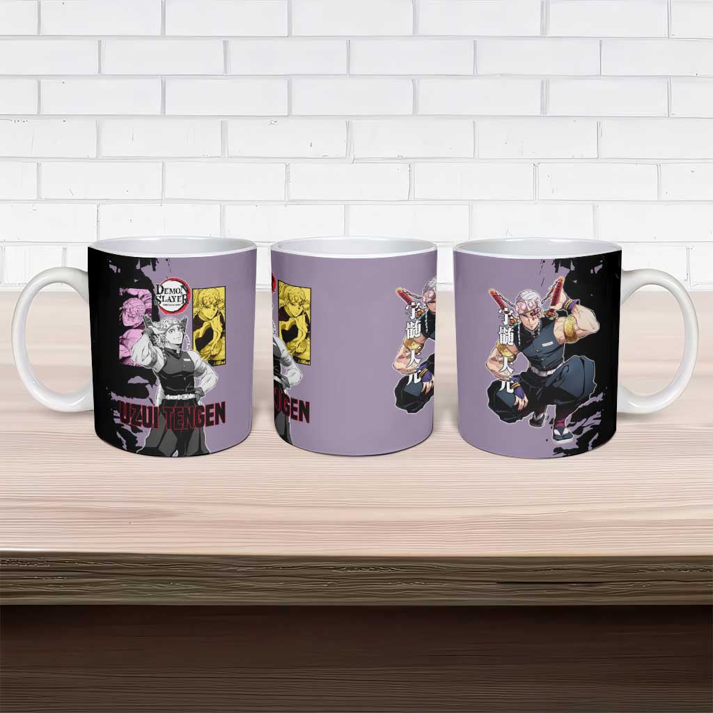 Tengen Uzui from Demon Slayer Ceramic Mug with Purple and Black Split Design and Dual Sword Manga Panel Layout - The Mazicc