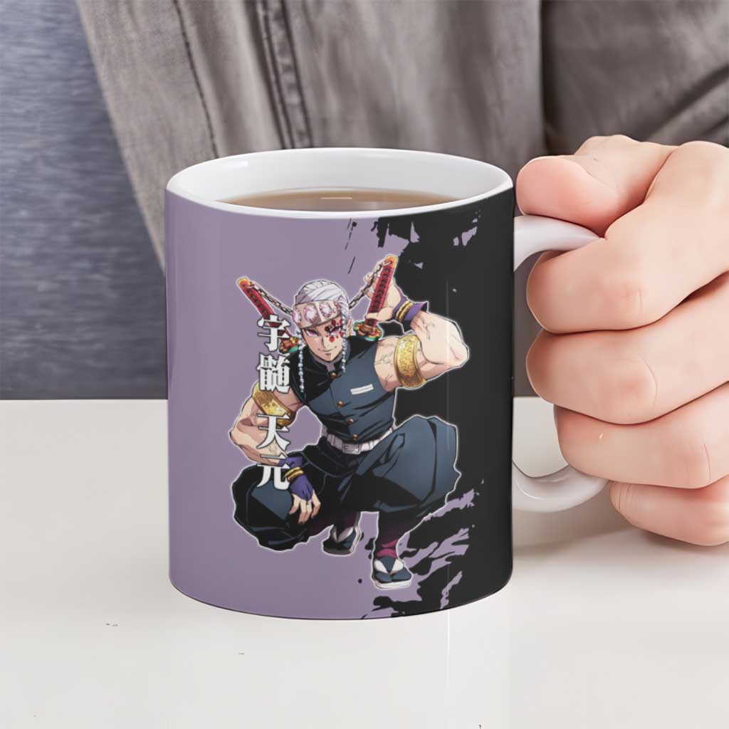 Tengen Uzui from Demon Slayer Ceramic Mug with Purple and Black Split Design and Dual Sword Manga Panel Layout - The Mazicc