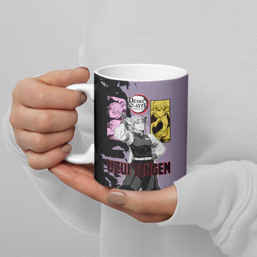 Tengen Uzui from Demon Slayer Ceramic Mug with Purple and Black Split Design and Dual Sword Manga Panel Layout - The Mazicc