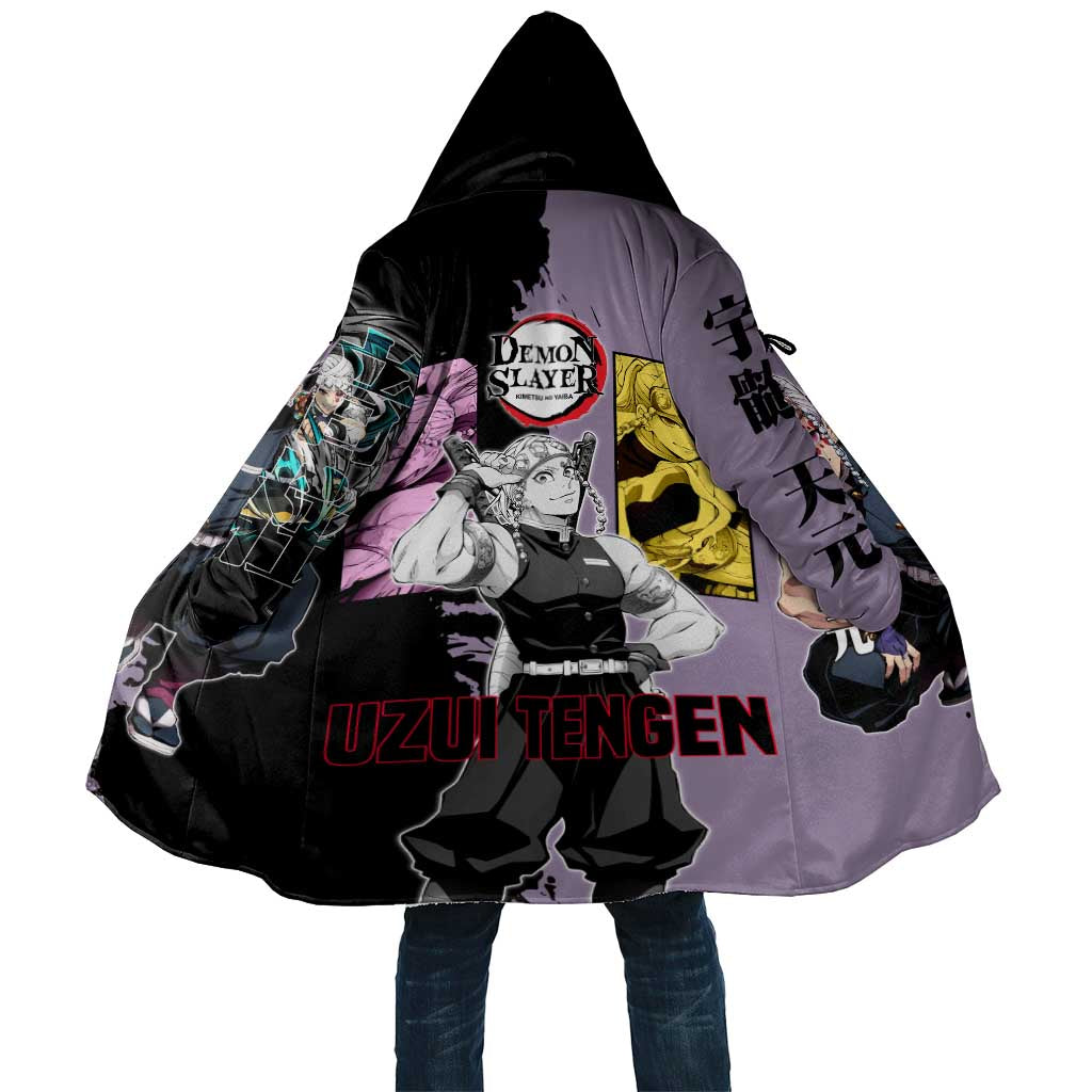 Tengen Uzui from Demon Slayer Cloak with Purple and Black Split Design and Dual Sword Manga Panel Layout - The Mazicc