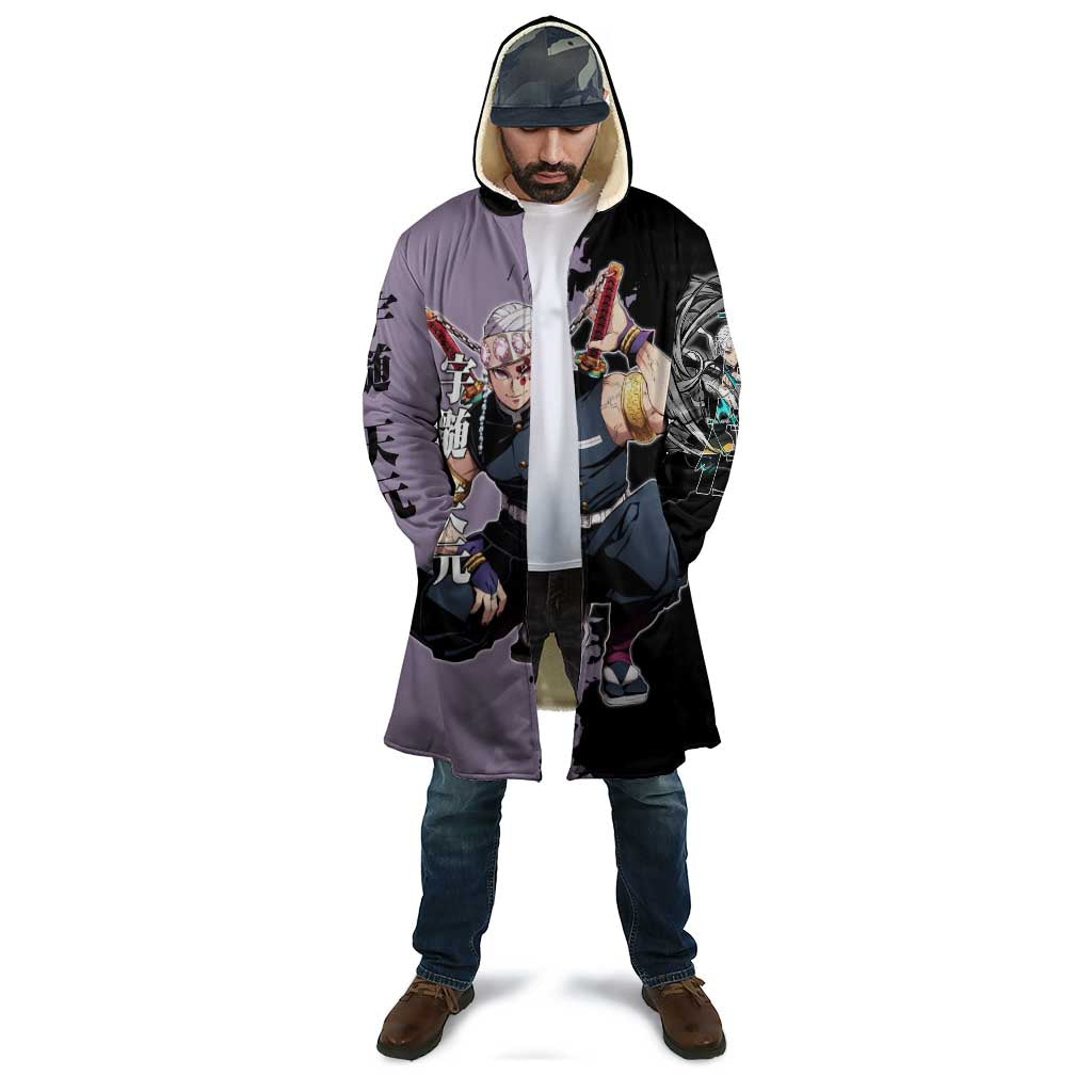 Tengen Uzui from Demon Slayer Cloak with Purple and Black Split Design and Dual Sword Manga Panel Layout - The Mazicc